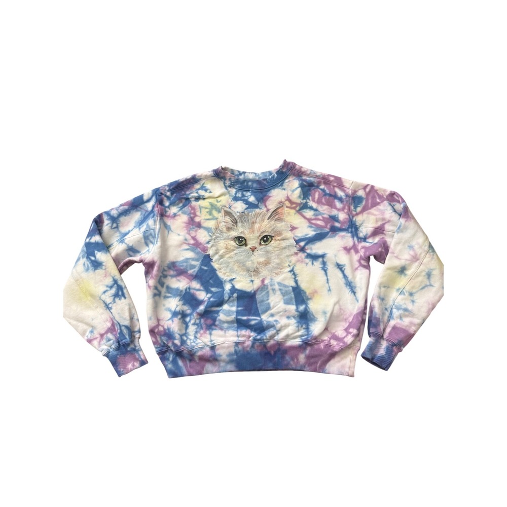 Paul & Joe Sister Tie Dye Cat Graphic Sweatshirt Purple Blue Yellow XS